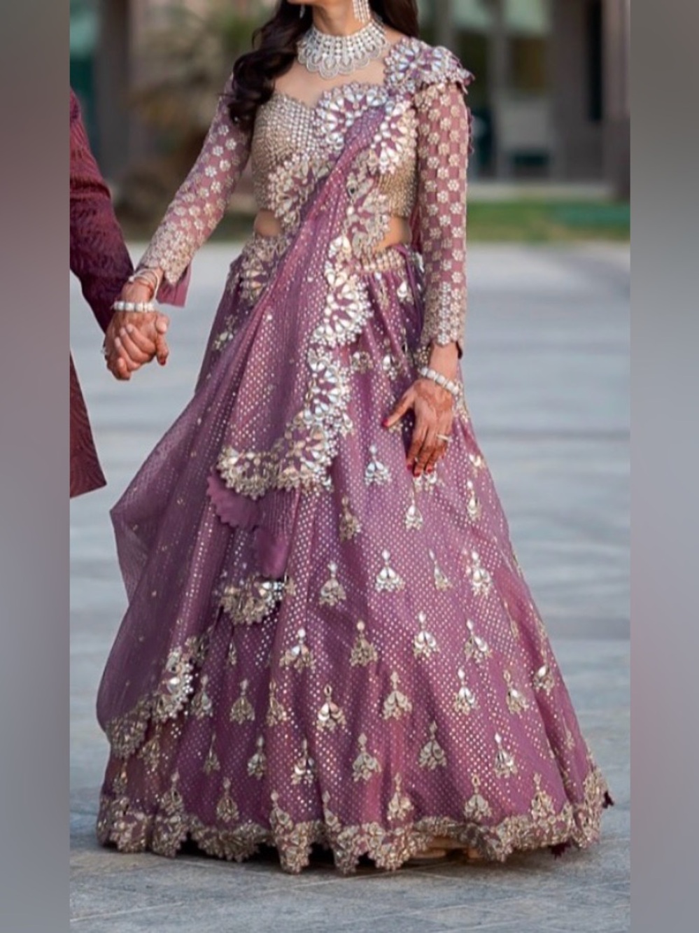 Vvani Embellished Mauve Bridal Lehenga Dress with Long Sleeves